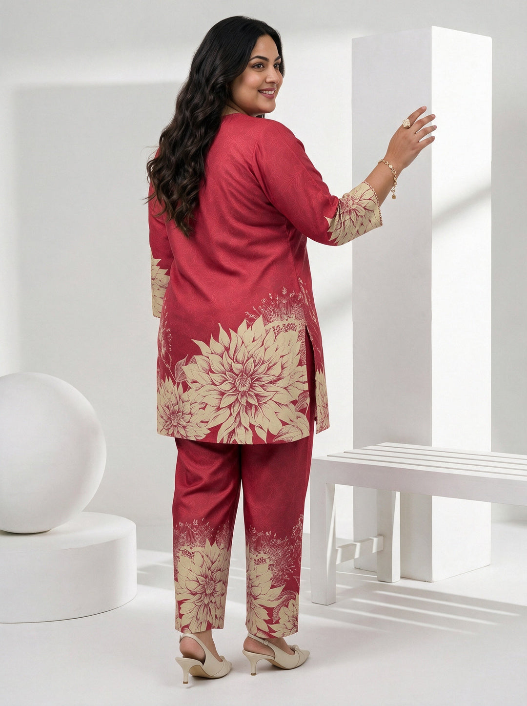 Plus Size Maroon Floral Printed Muslin Straight Kurta Set 