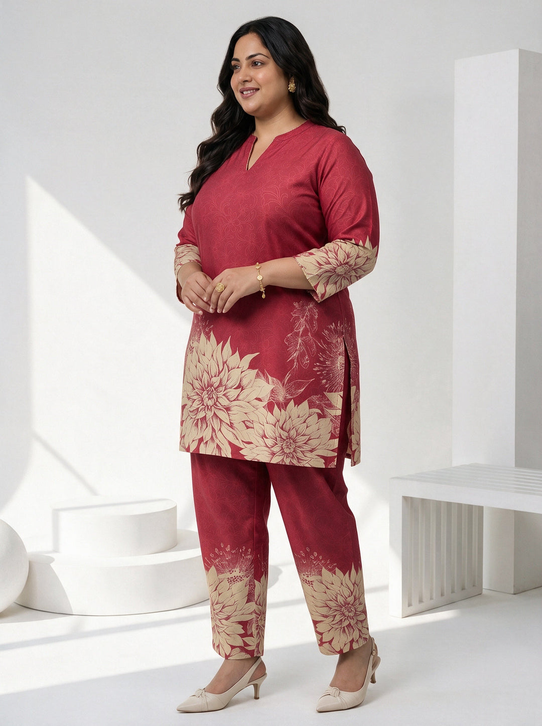  Plus Size Maroon Floral Printed Muslin Straight Kurta Set 