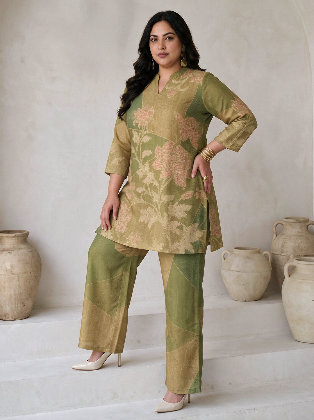  Plus Size Green Floral Printed Muslin Straight Kurta Set 