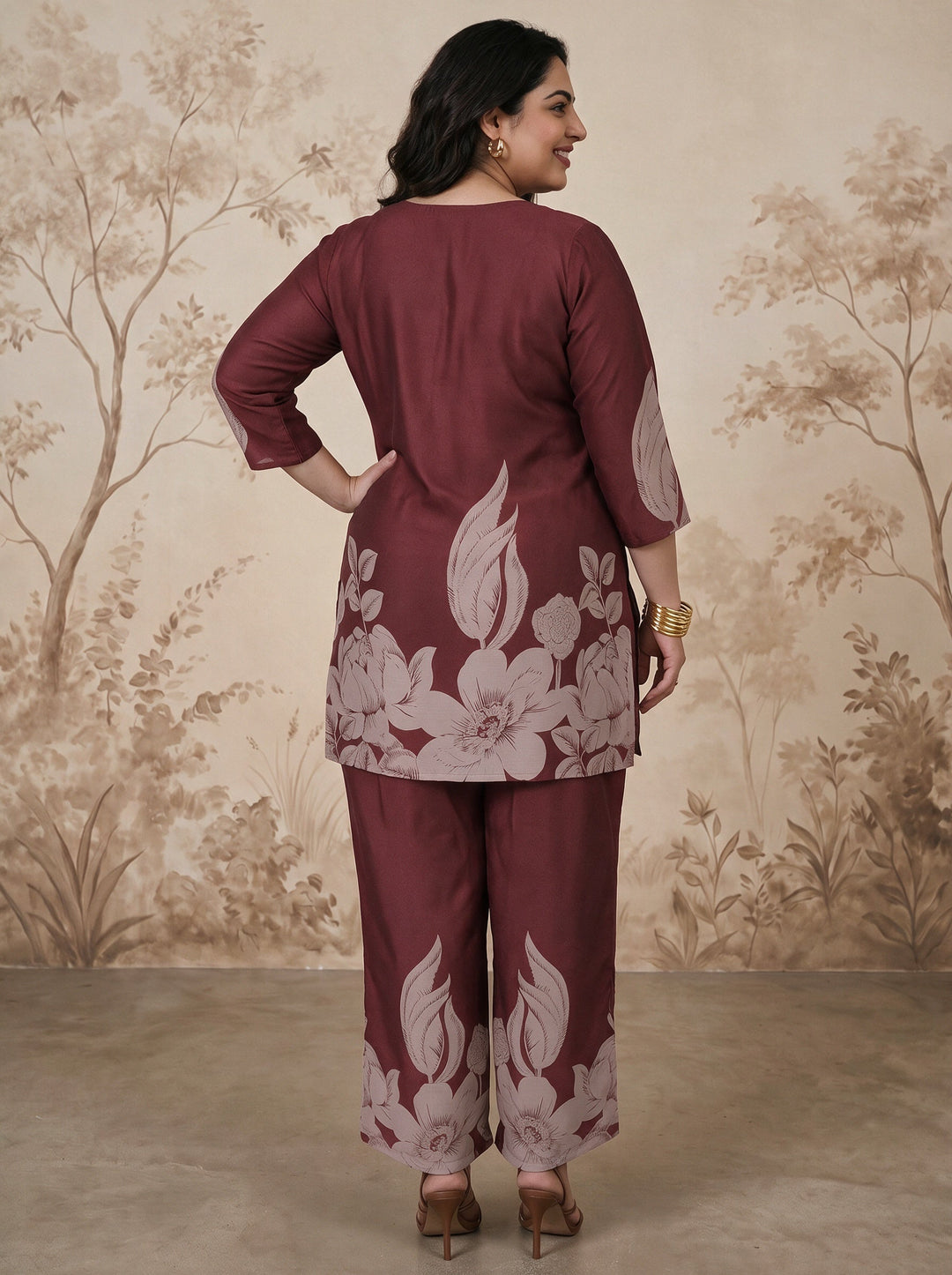  Plus Size Maroon Floral Printed Muslin Straight Kurta Set 