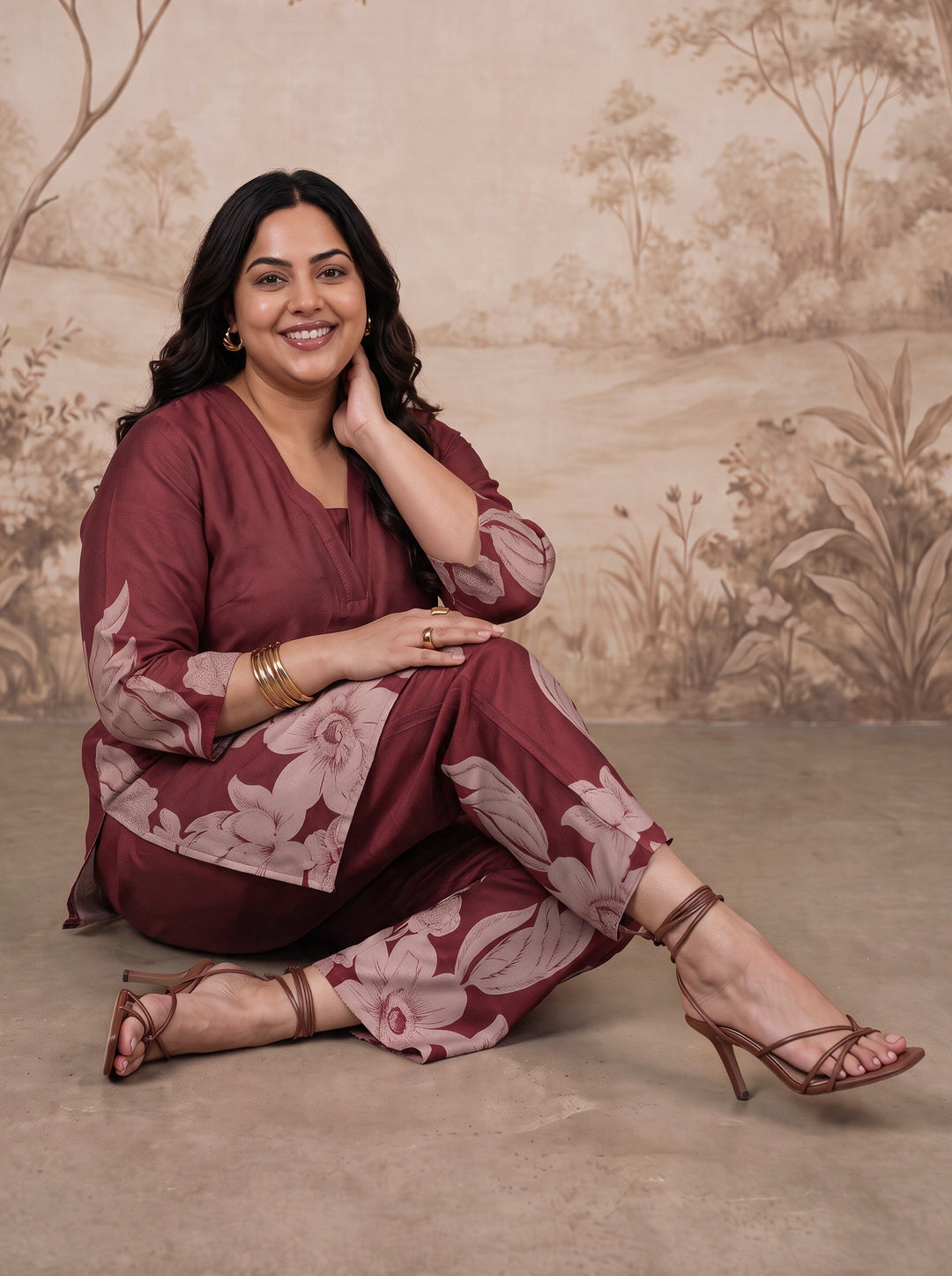  Plus Size Maroon Floral Printed Muslin Straight Kurta Set 
