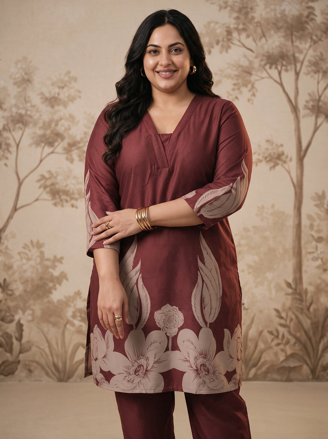  Plus Size Maroon Floral Printed Muslin Straight Kurta Set 