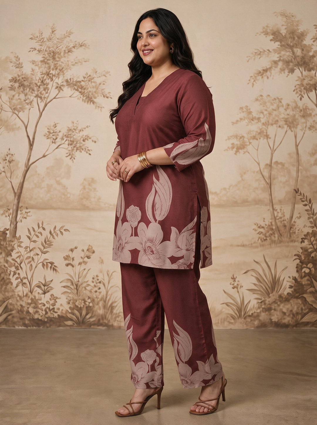  Plus Size Maroon Floral Printed Muslin Straight Kurta Set 