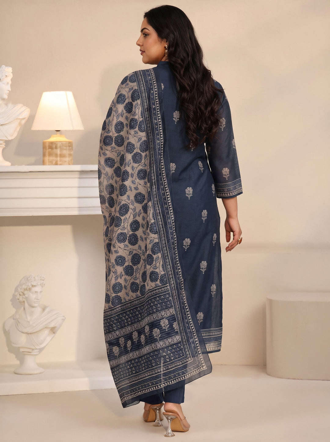  Plus Size Navy Blue Printed Yoke Chanderi Silk Straight Suit Set 