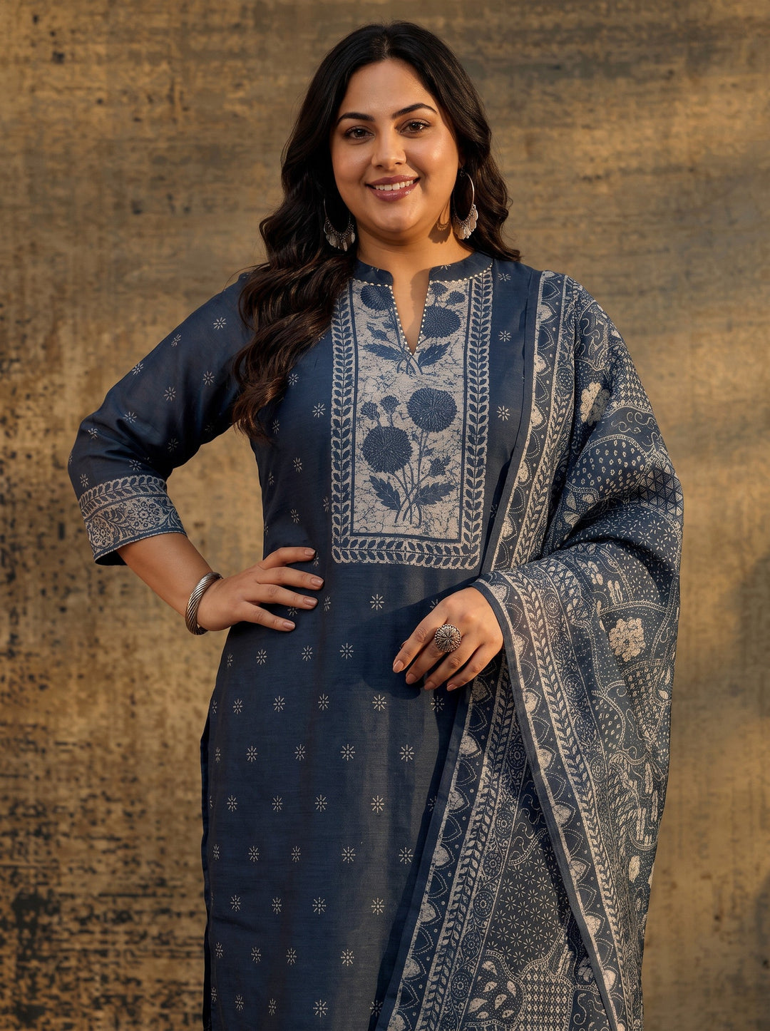  Plus Size Indigo Blue Floral Printed Chanderi Silk Straight Suit Set 