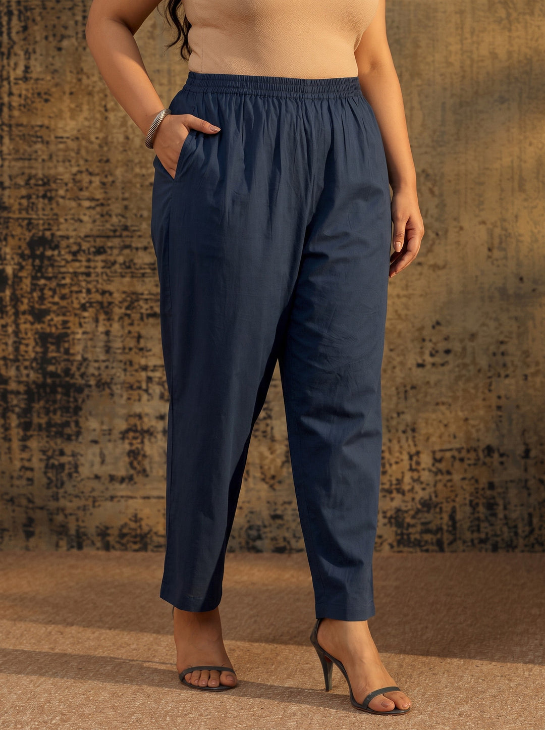  Plus Size Indigo Blue Floral Printed Chanderi Silk Straight Suit Set 