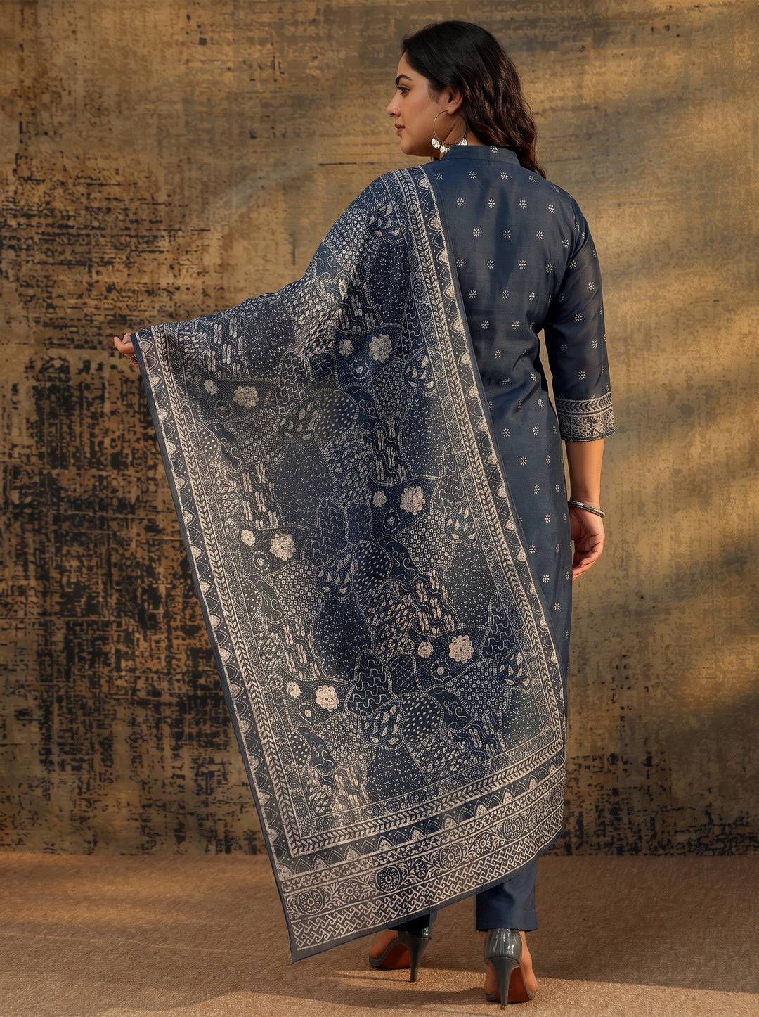  Plus Size Indigo Blue Floral Printed Chanderi Silk Straight Suit Set 