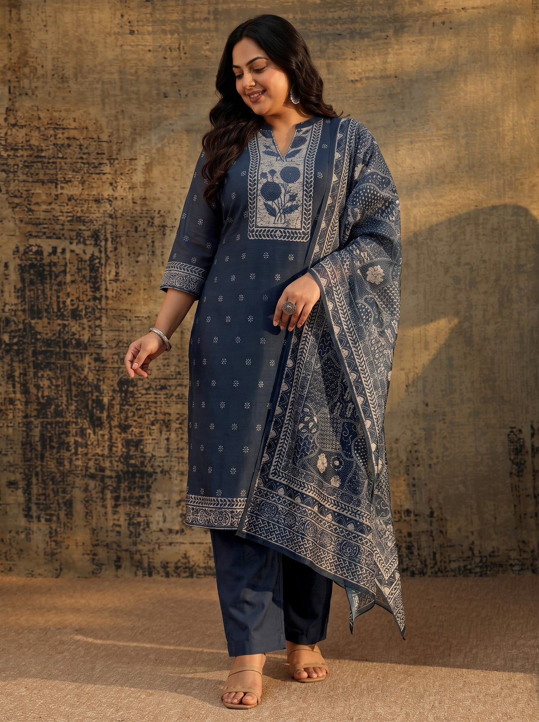  Plus Size Indigo Blue Floral Printed Chanderi Silk Straight Suit Set 