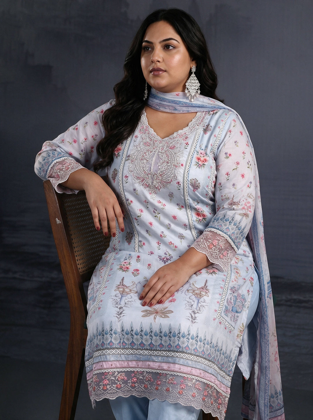 Plus Size Sky Blue Floral Printed Crepe Straight Suit Set 