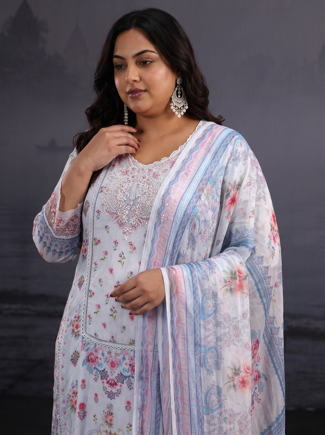  Plus Size Sky Blue Floral Printed Crepe Straight Suit Set 