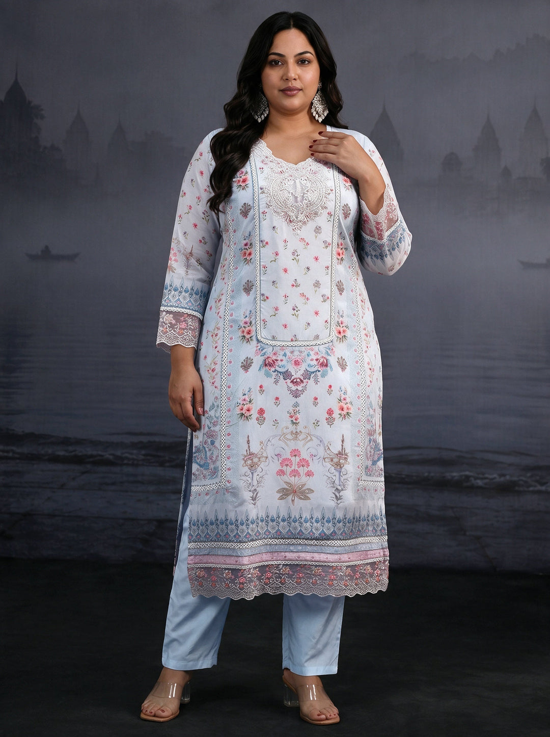  Plus Size Sky Blue Floral Printed Crepe Straight Suit Set 