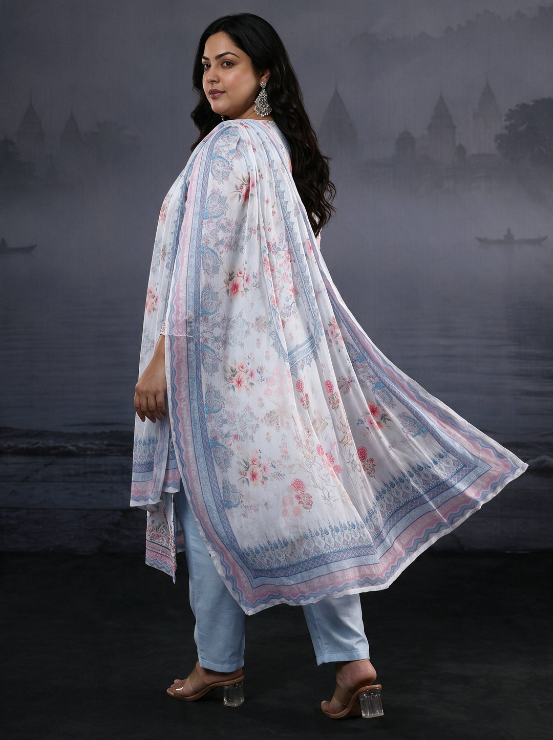  Plus Size Sky Blue Floral Printed Crepe Straight Suit Set 