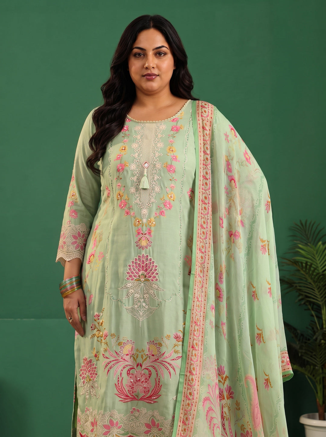  Plus Size Pista Green Floral Embroidered Crepe Straight Suit Set 