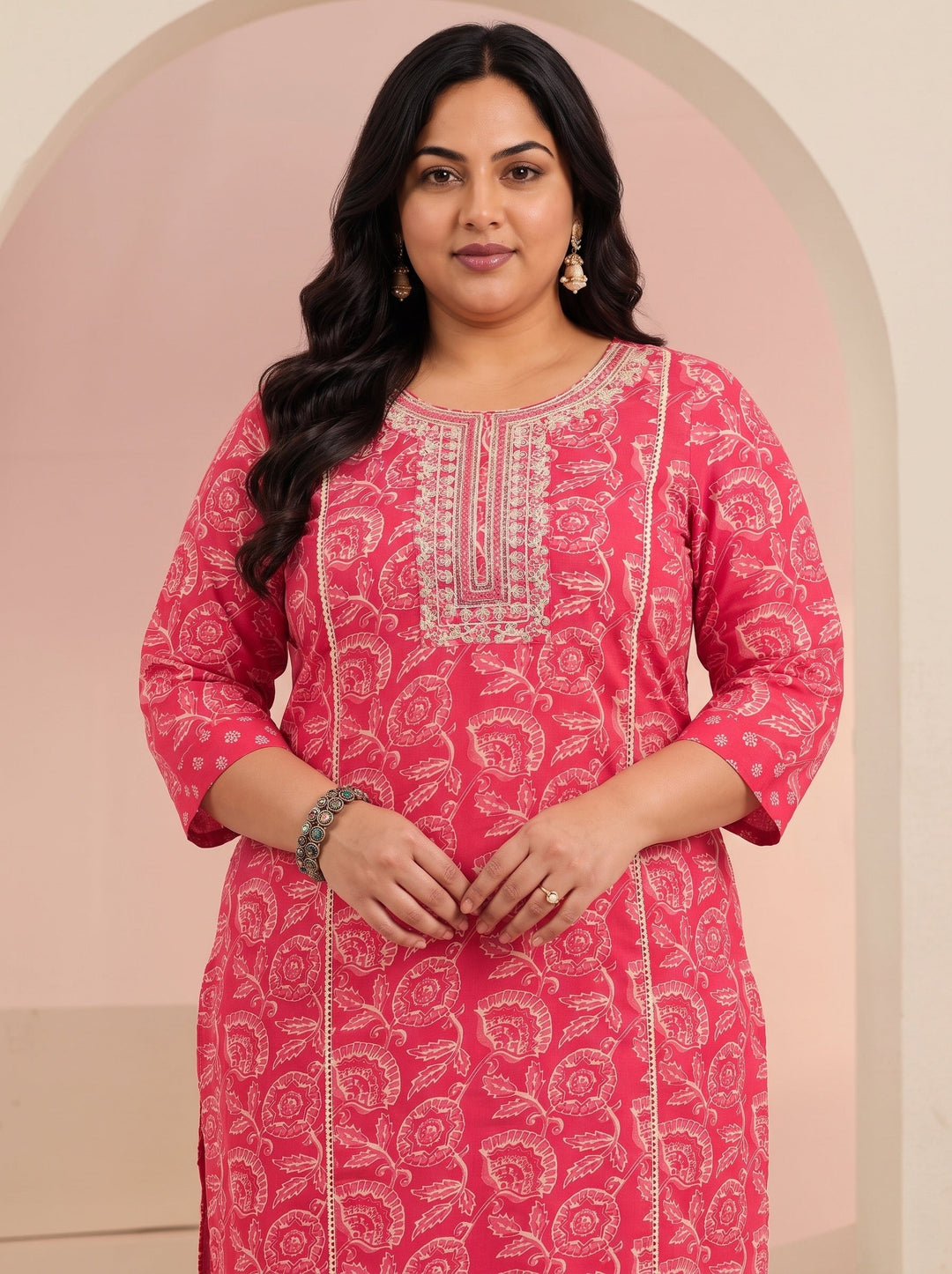  Plus Size Raspberry Red Floral Printed Cotton Straight Suit Set 