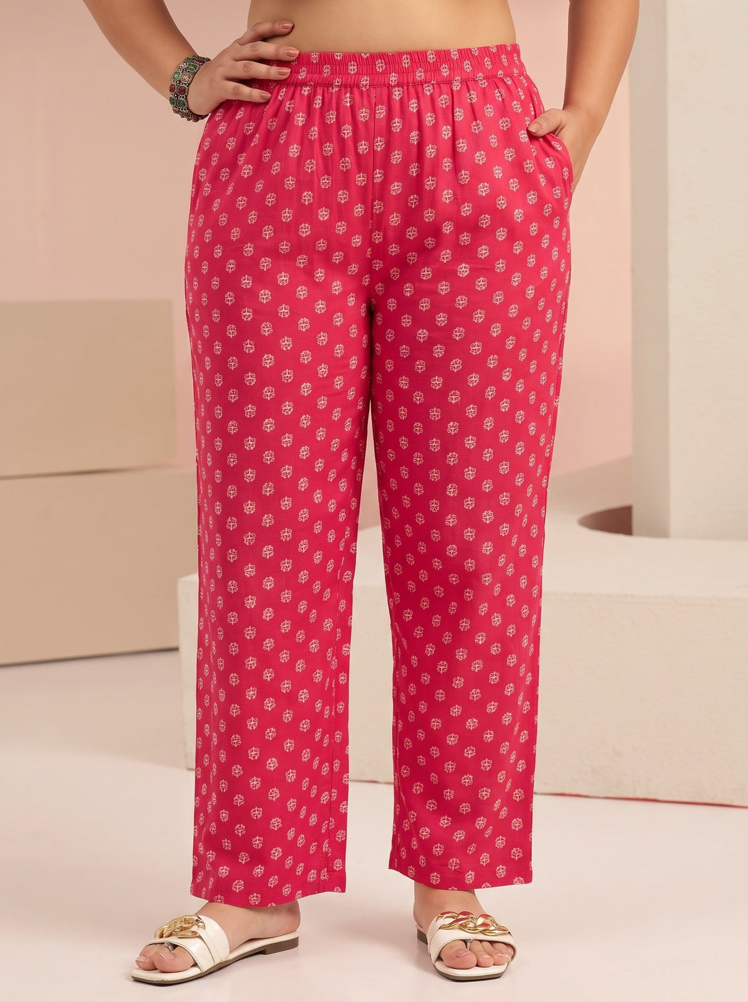  Plus Size Raspberry Red Floral Printed Cotton Straight Suit Set 