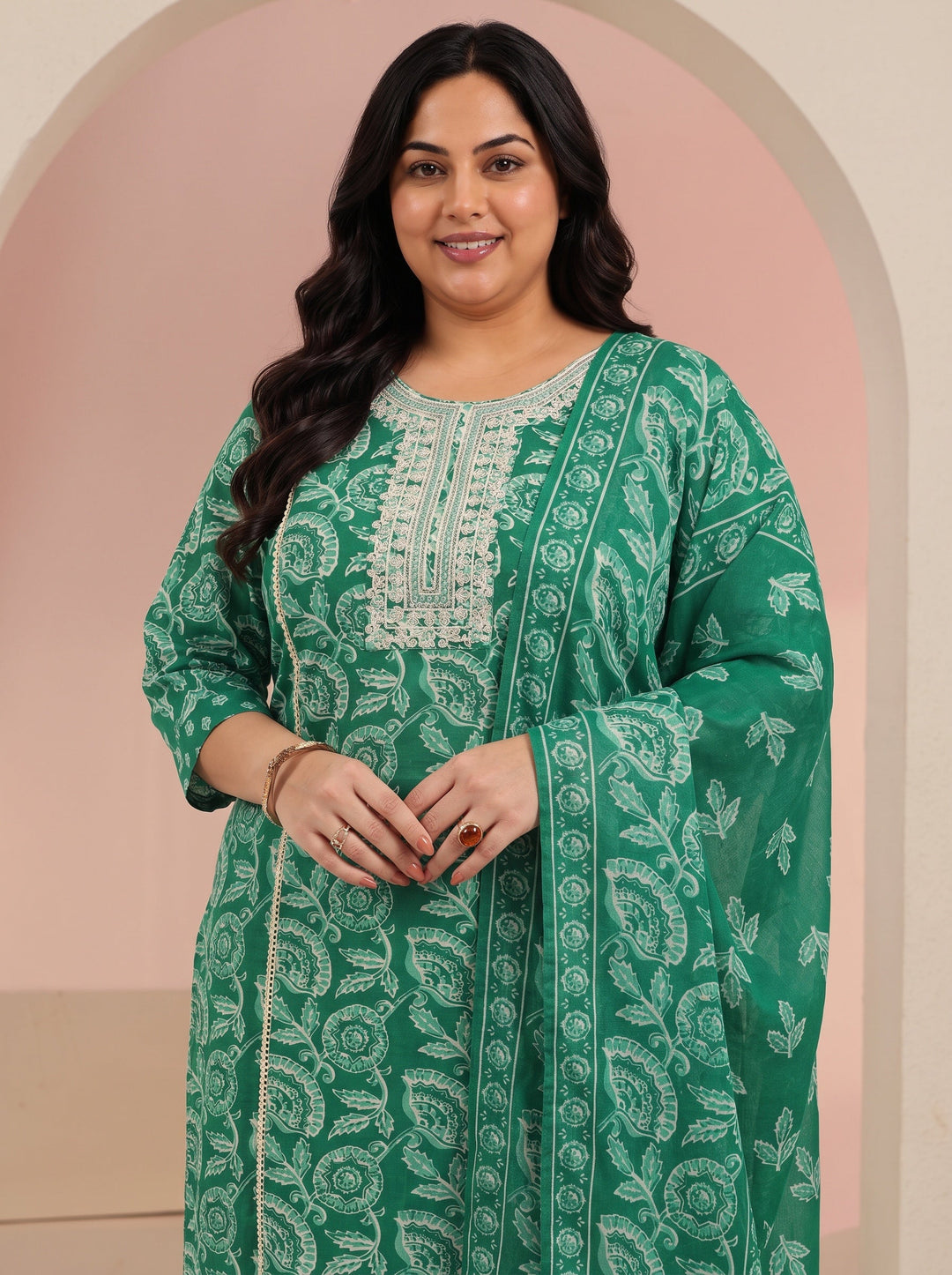  Plus Size Emerald Green Printed Cotton Straight Suit Set 