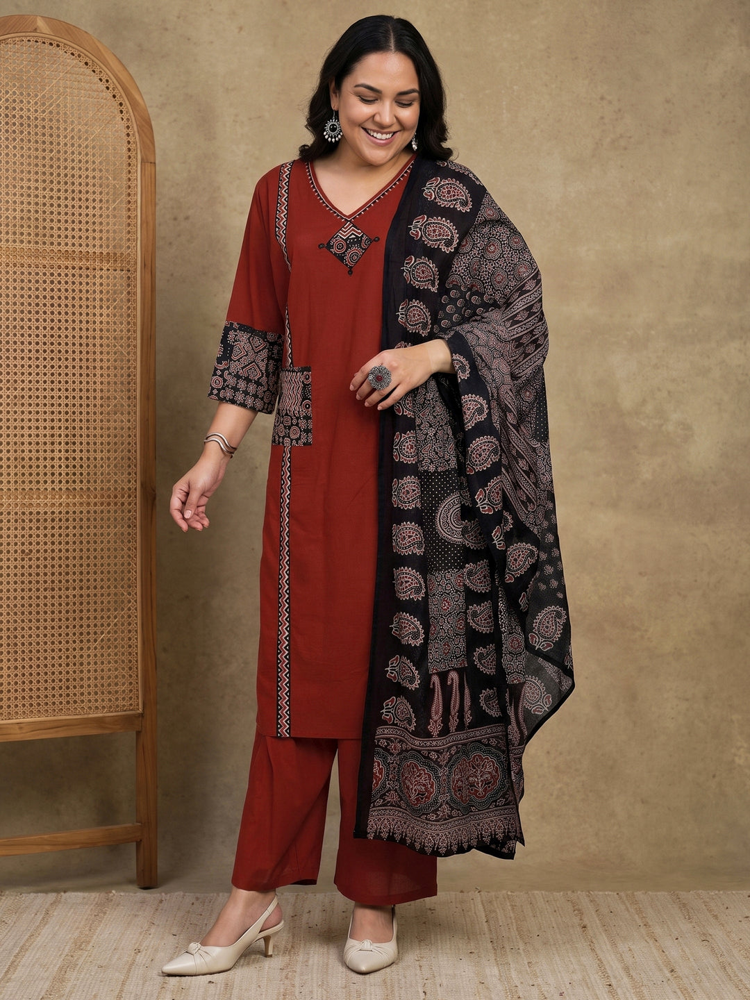  Plus Size Maroon Ajrakh Printed Cotton Suit Set 