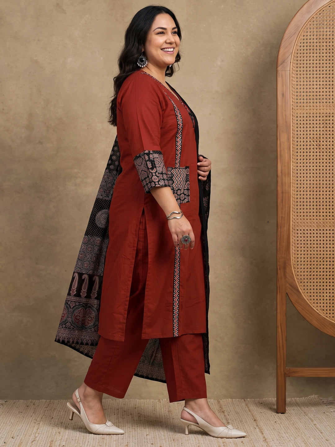  Plus Size Maroon Ajrakh Printed Cotton Suit Set 