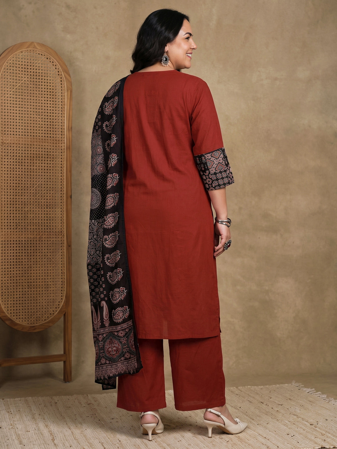  Plus Size Maroon Ajrakh Printed Cotton Suit Set 