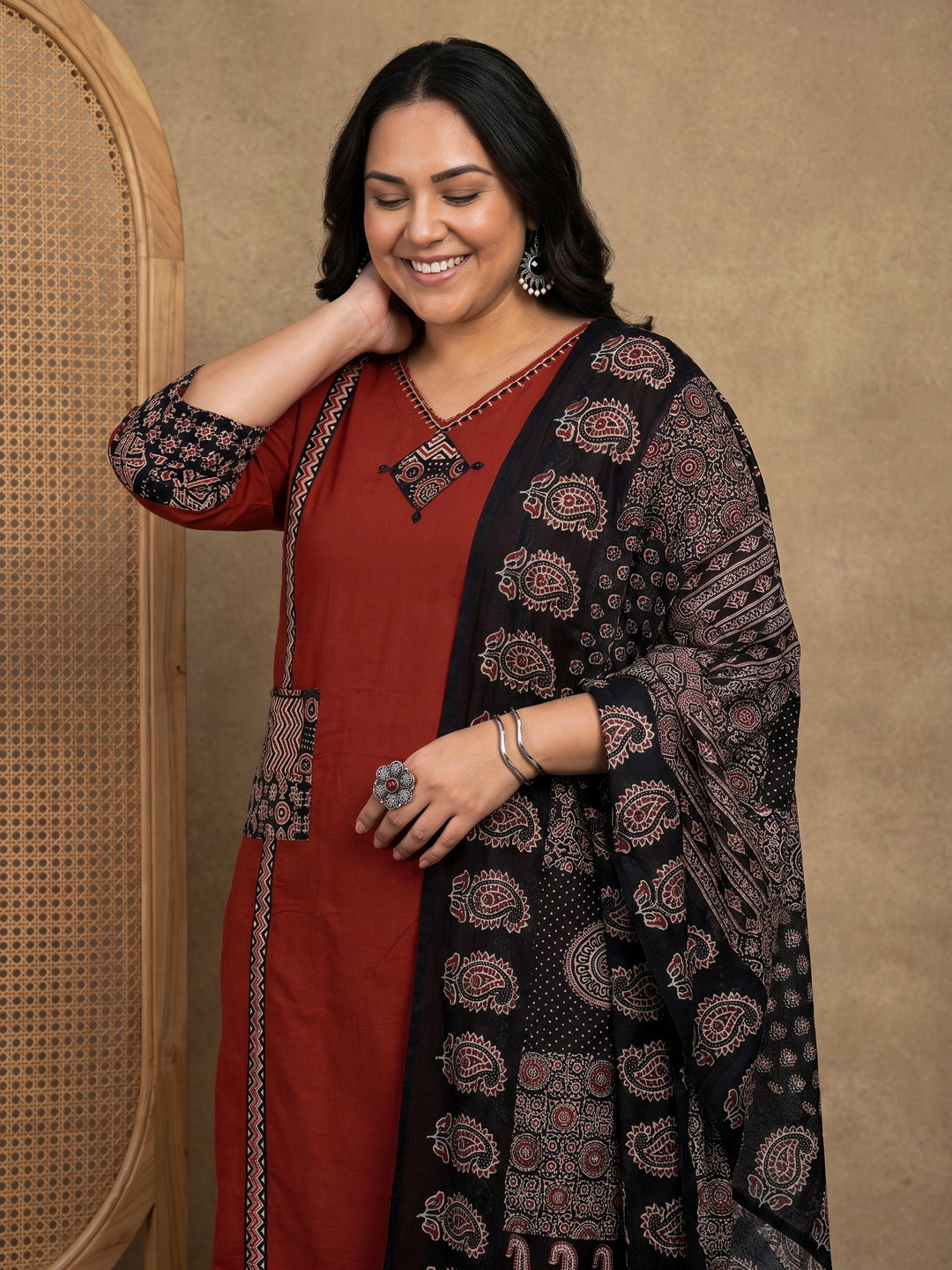 Plus Size Maroon Ajrakh Printed Cotton Suit Set 