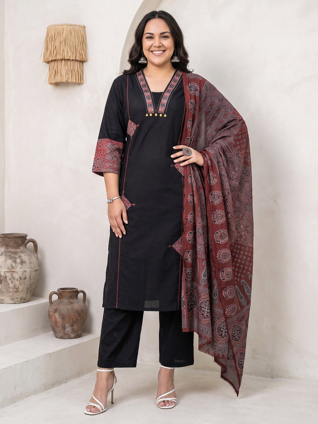  Plus Size Black Ajrakh Printed Cotton Straight Suit Set 