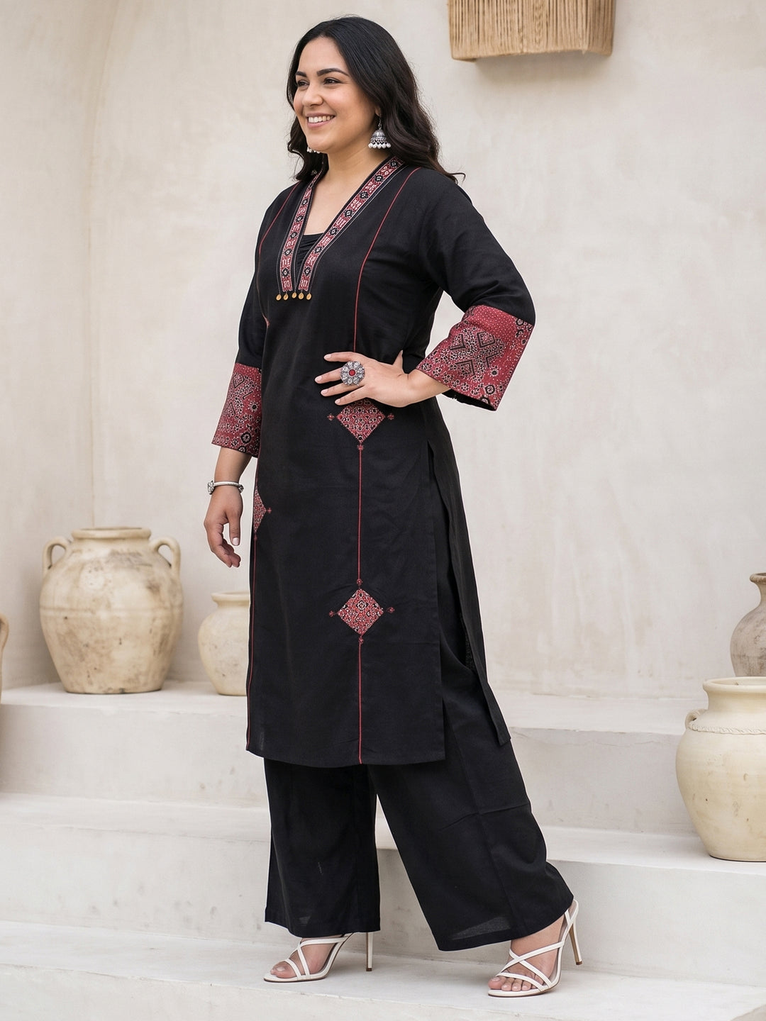 Plus Size Black Ajrakh Printed Cotton Straight Suit Set 