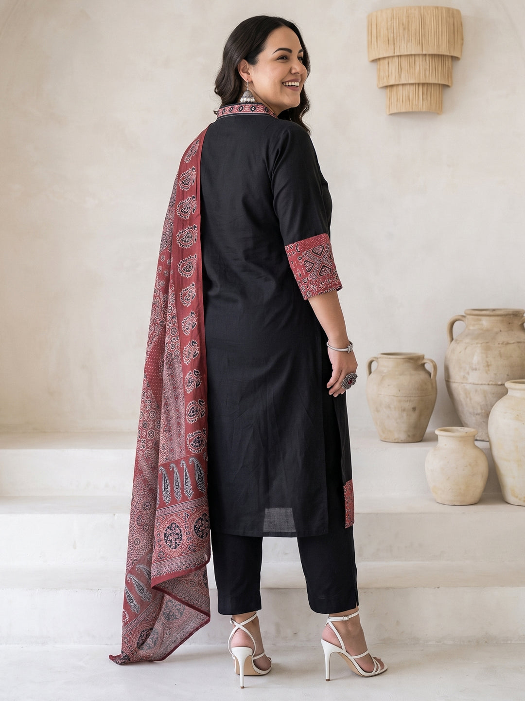  Plus Size Black Ajrakh Printed Cotton Straight Suit Set 