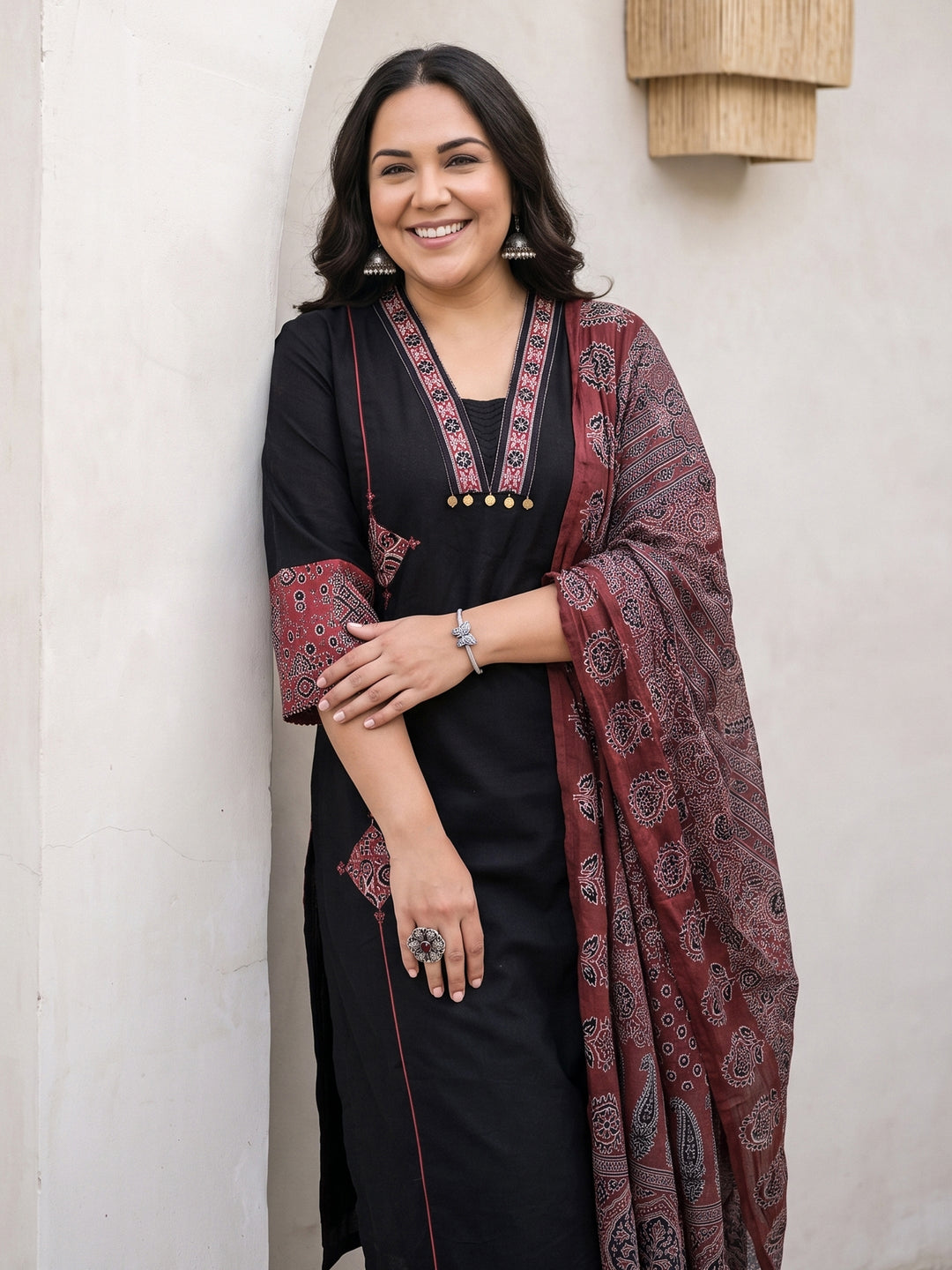  Plus Size Black Ajrakh Printed Cotton Straight Suit Set 