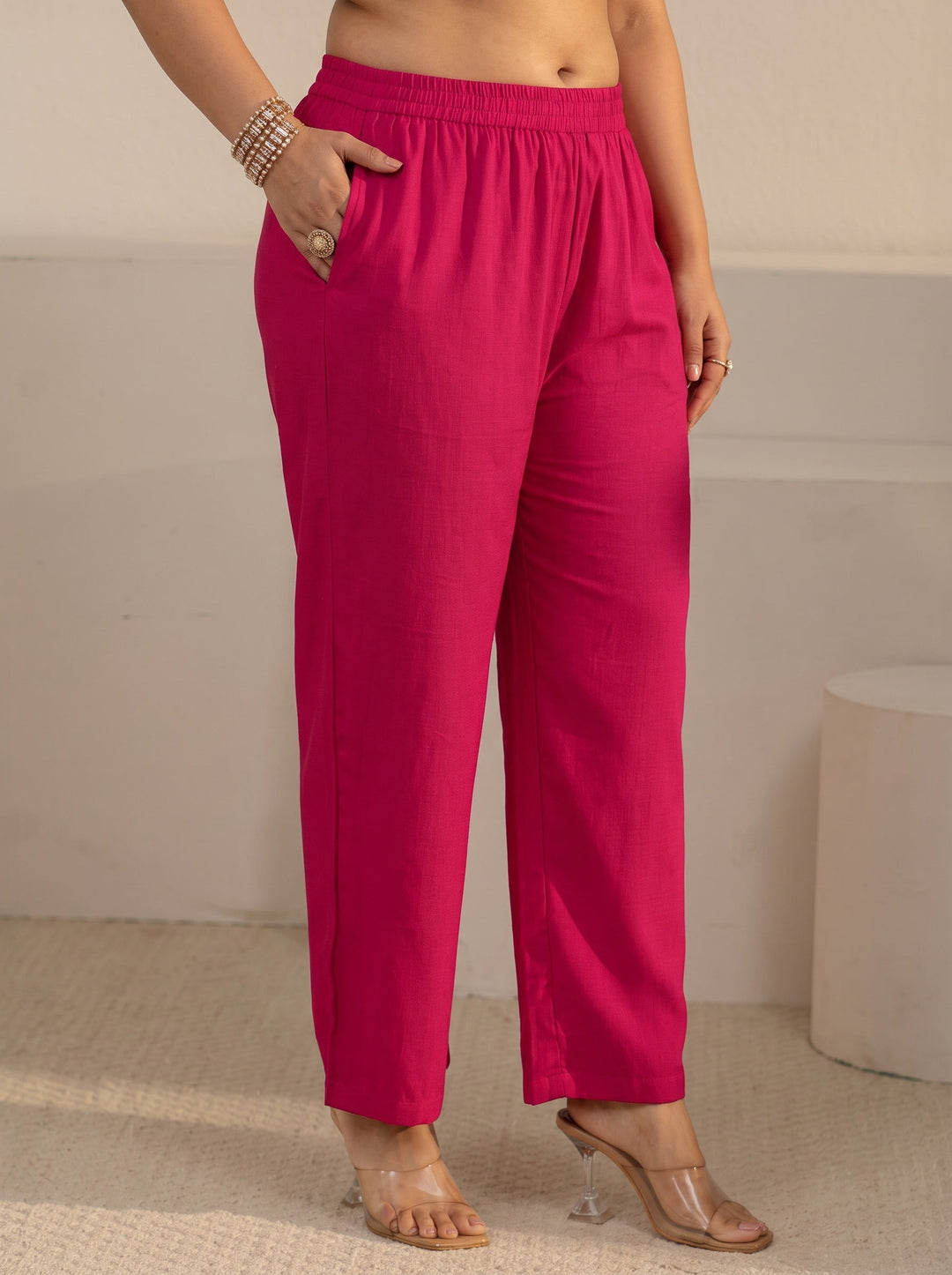  Plus Size Pink Floral Printed Cotton Blend Straight Suit Set 