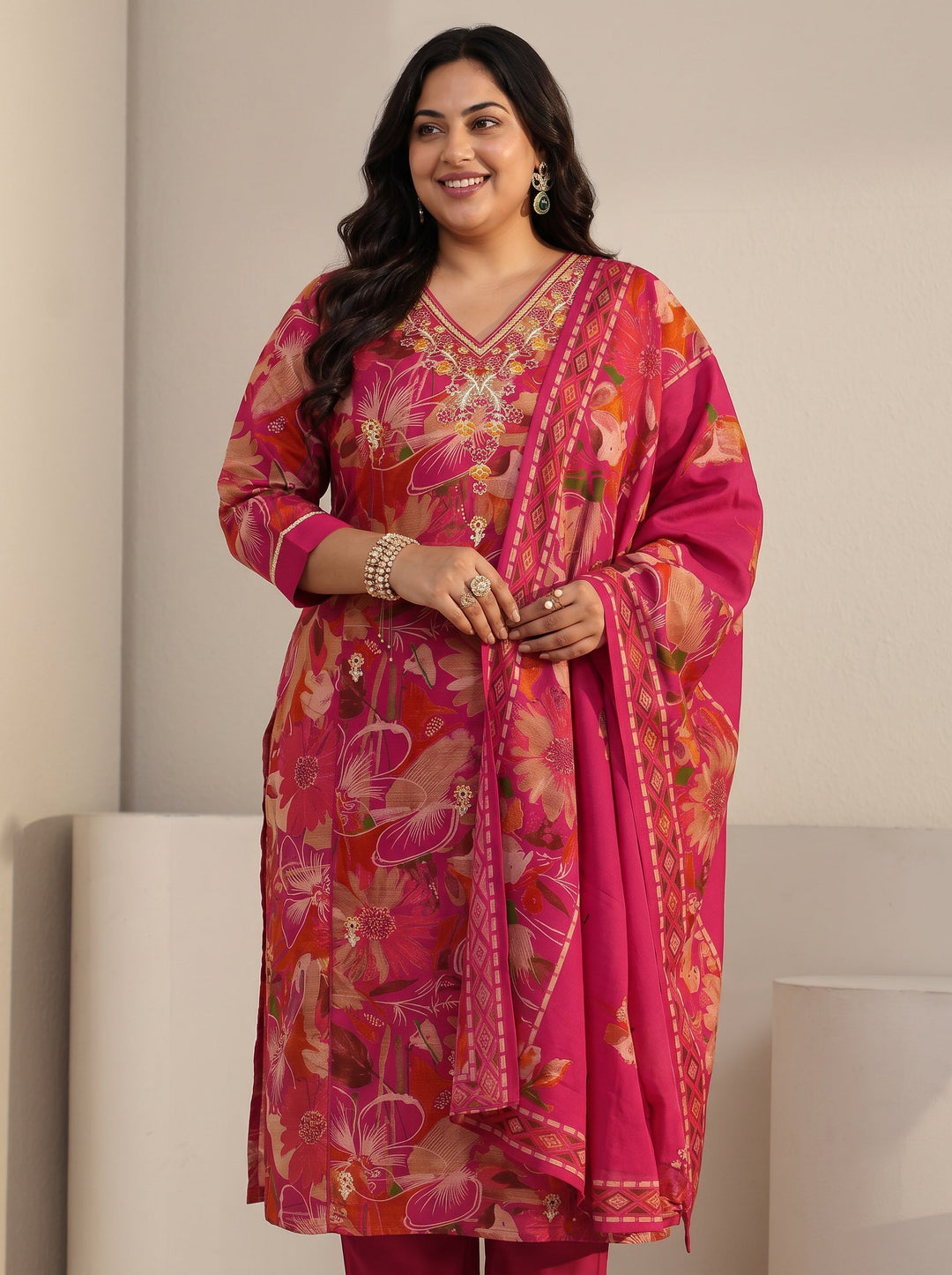  Plus Size Pink Floral Printed Cotton Blend Straight Suit Set 