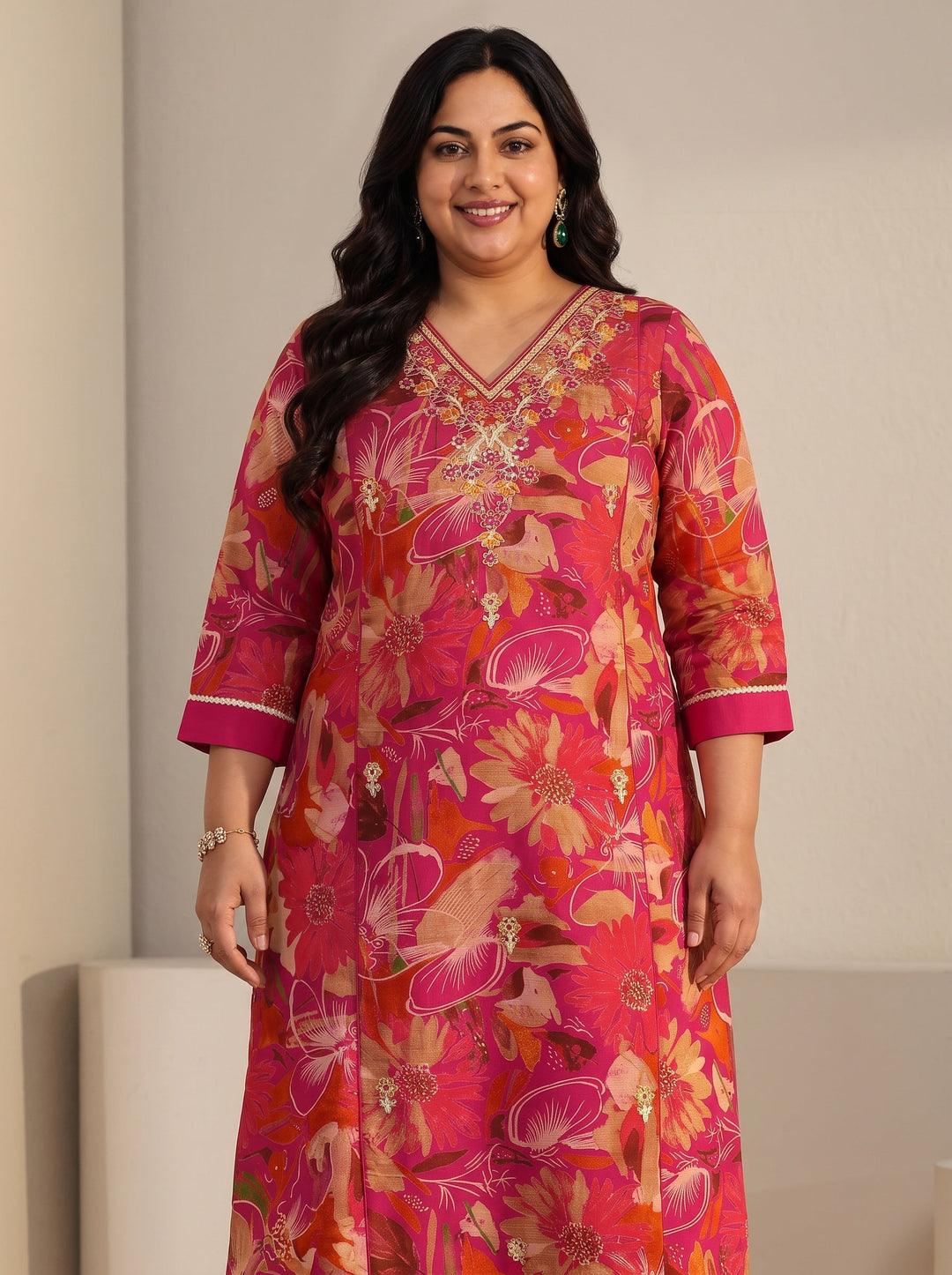  Plus Size Pink Floral Printed Cotton Blend Straight Suit Set 