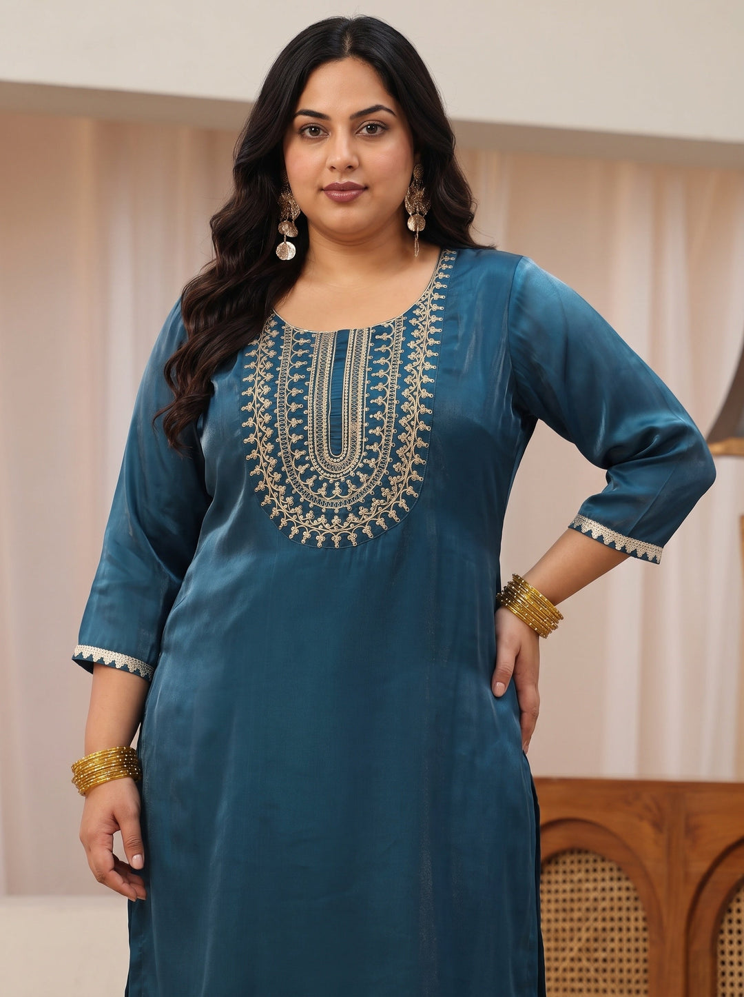  Plus Size Navy Blue Yoke Design Tissue Straight Suit Set 