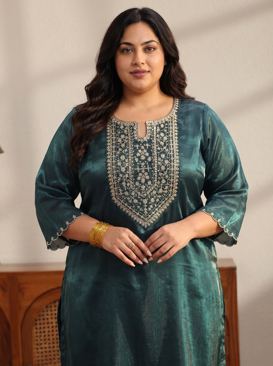  Plus Size Teal Yoke Design Tissue Straight Suit Set 