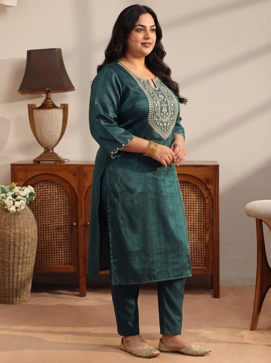 Plus Size Teal Yoke Design Tissue Straight Suit Set 