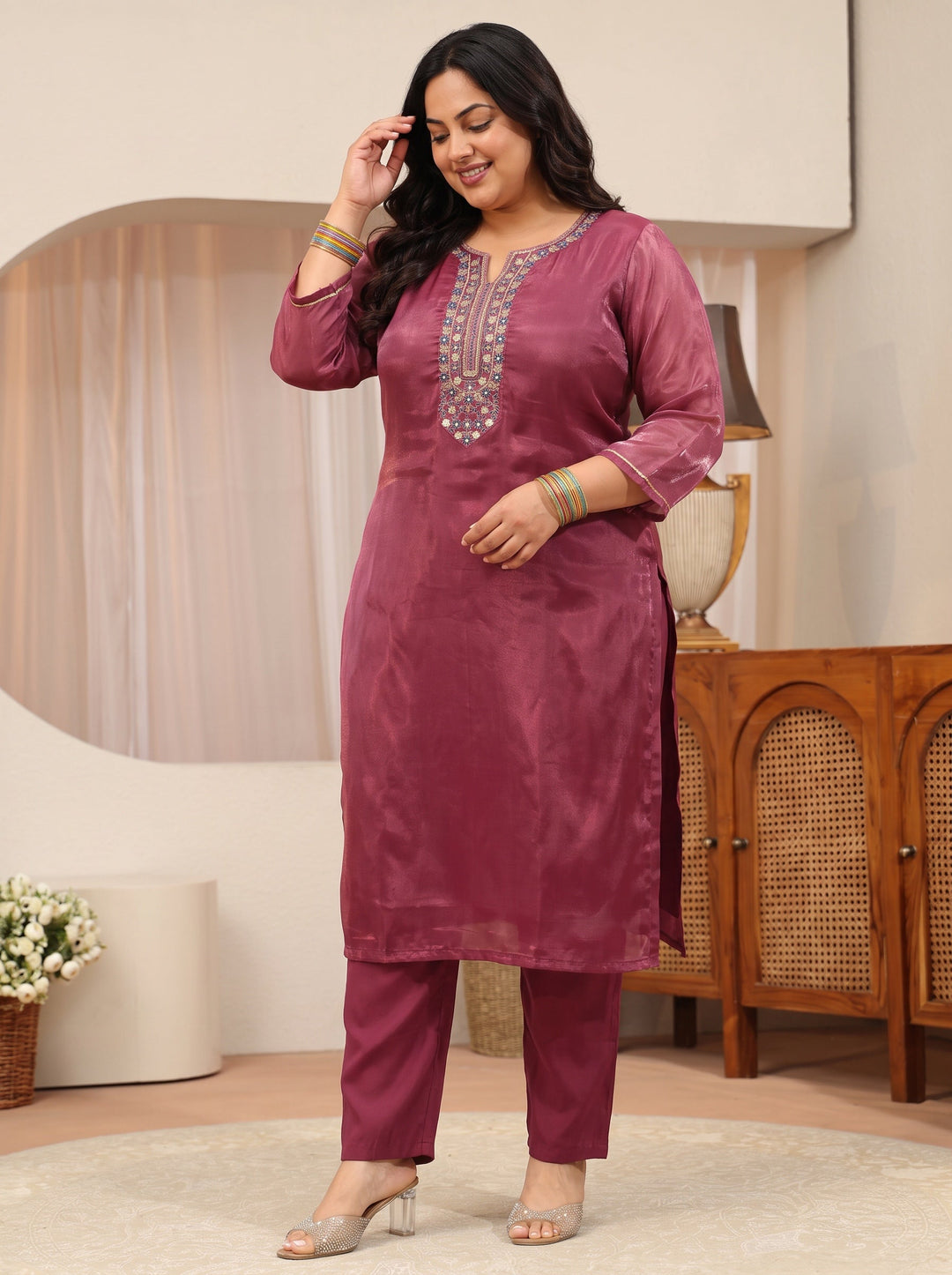  Plus Size Maroon Yoke Design Tissue Straight Suit Set 
