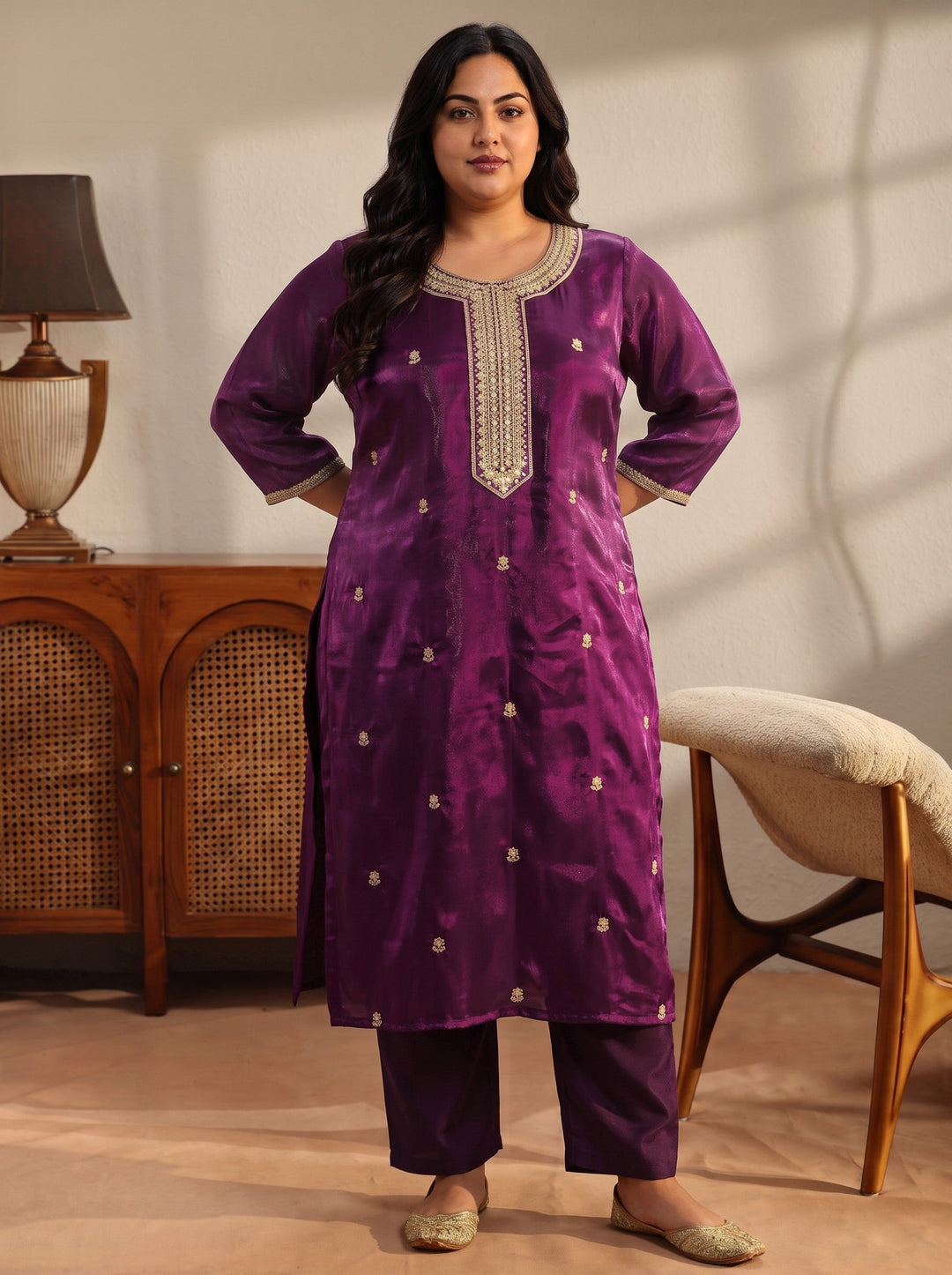  Plus Size Burgundy Embroidered Tissue Straight Suit Set 