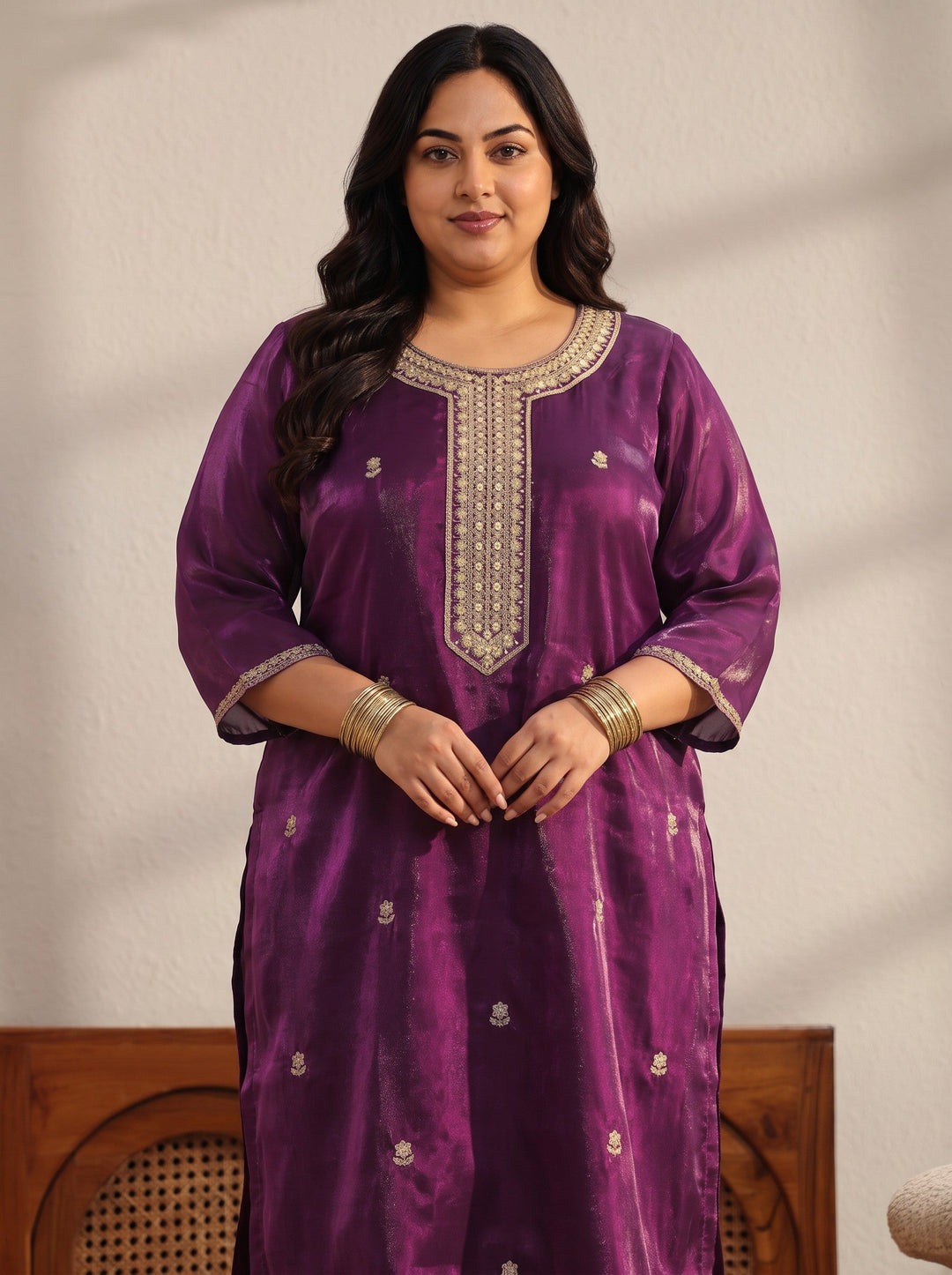 Plus Size Burgundy Embroidered Tissue Straight Suit Set 