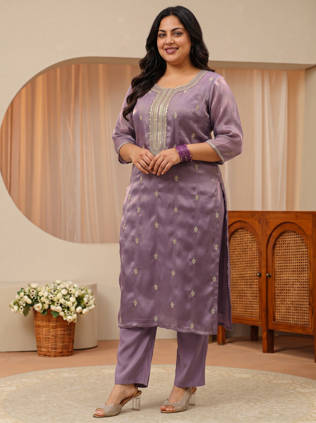  Plus Size Mauve Ethnic Embroidered Tissue Straight Suit Set 