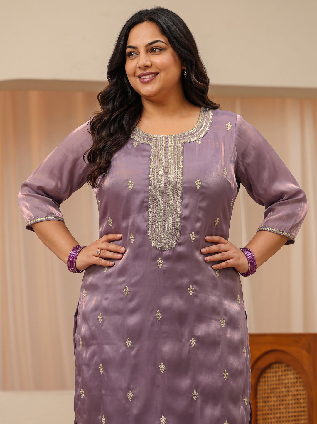  Plus Size Mauve Ethnic Embroidered Tissue Straight Suit Set 