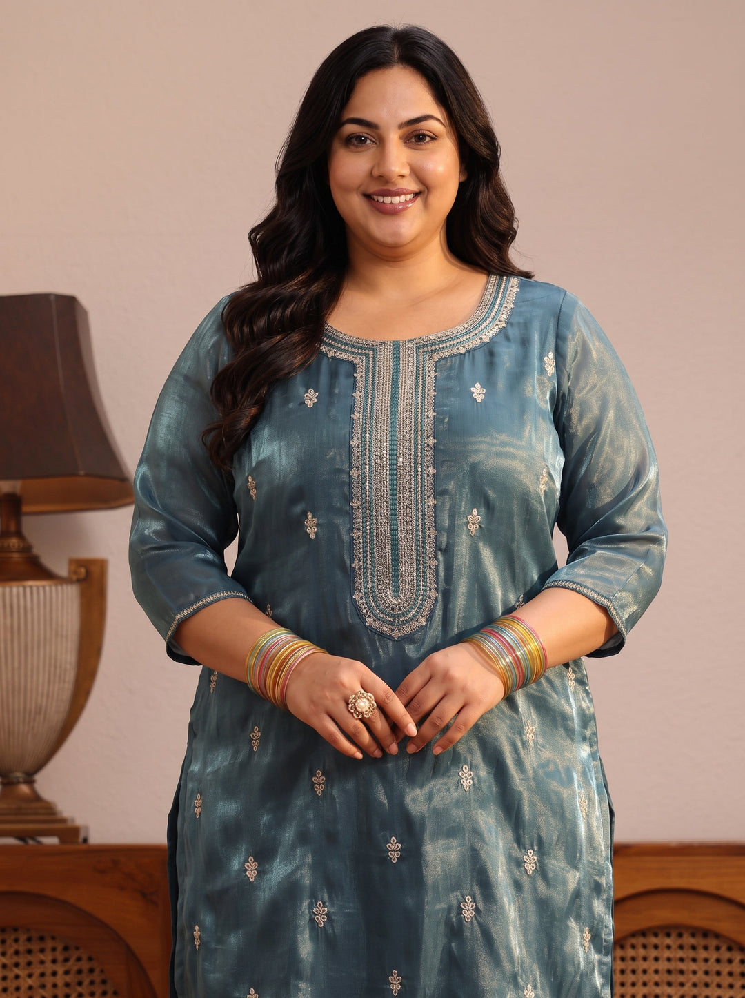  Plus Size Teal Ethnic Embroidered Tissue Straight Suit Set 