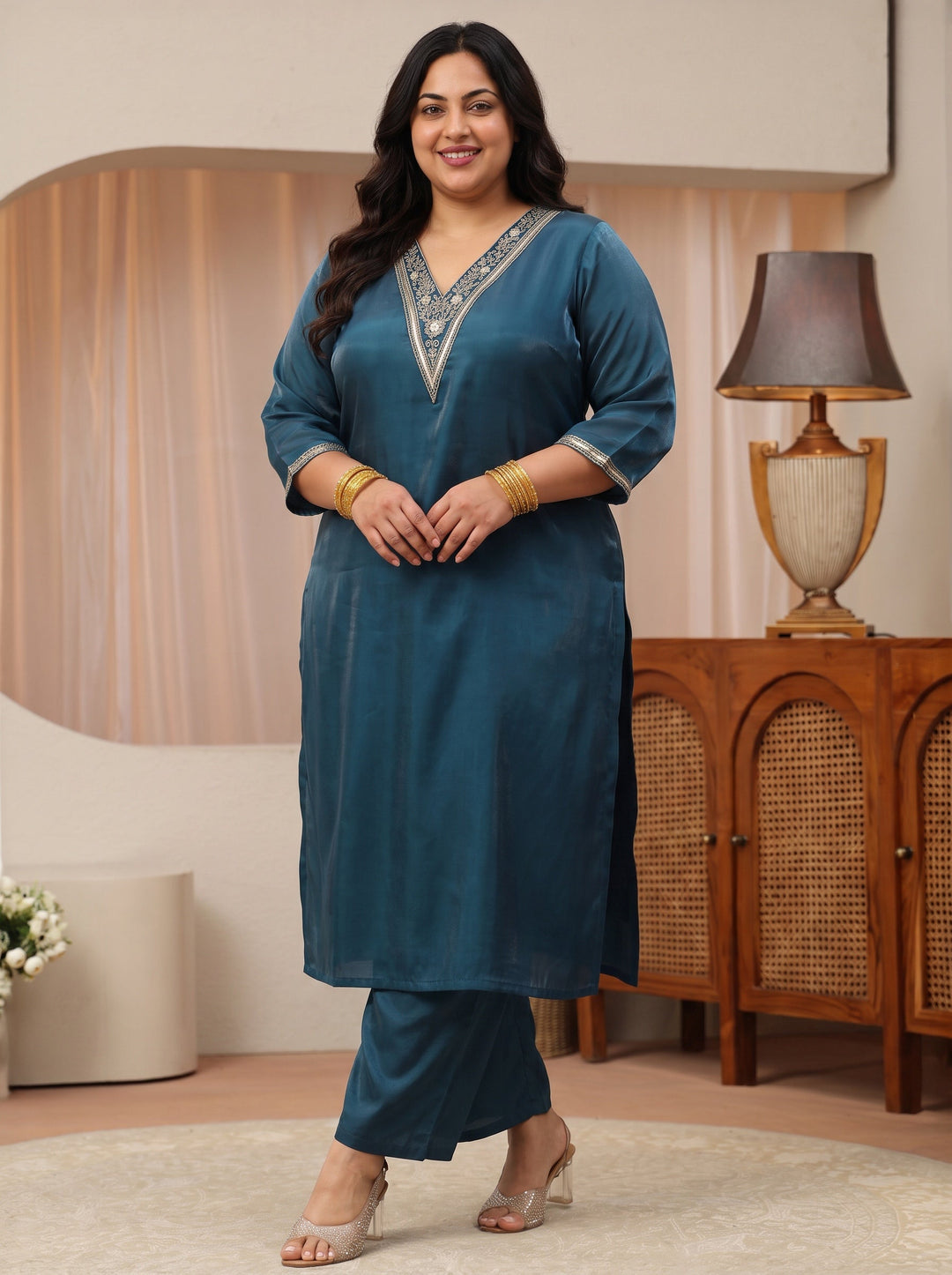  Plus Size Blue Yoke Design Tissue Straight Suit Set 