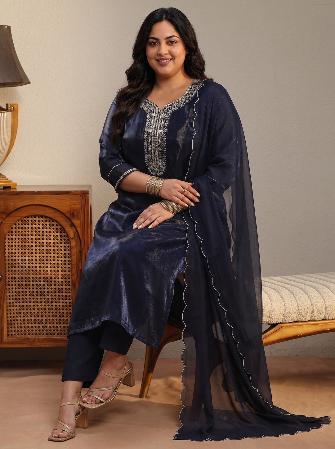  Plus Size Navy Blue Yoke Design Tissue Straight Suit Set 