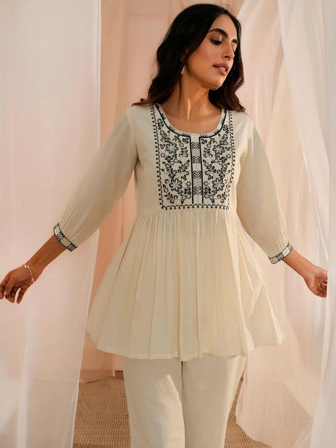 Off White Yoke Design Cotton A-Line Kurti - Libas