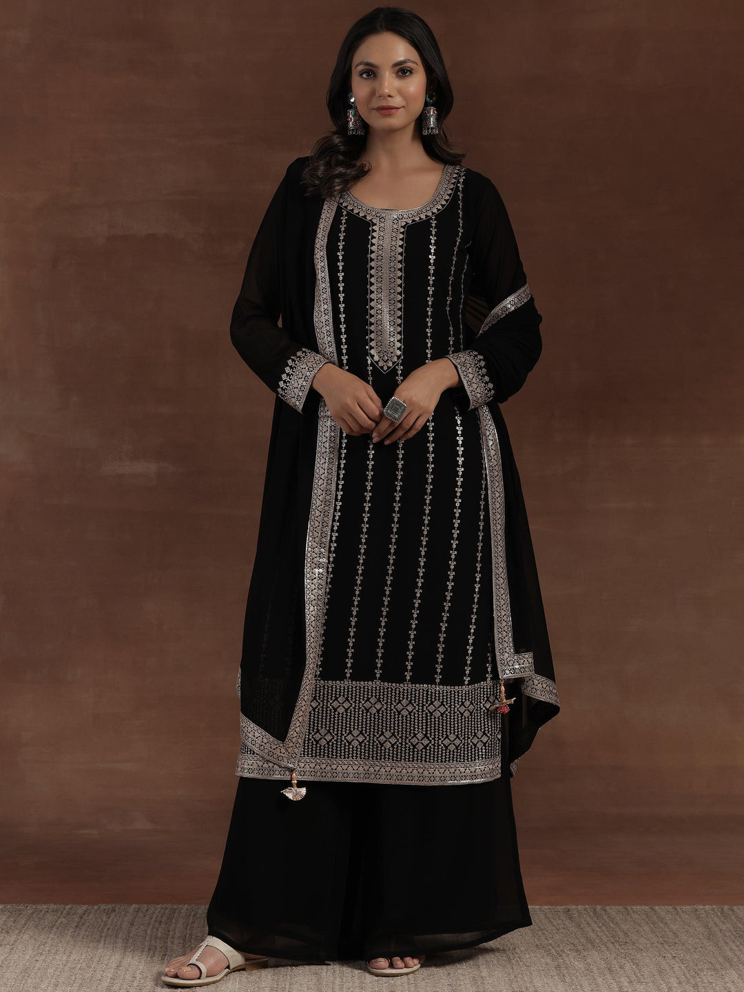 Black Embroidered Georgette Straight Suit With Dupatta - Libas