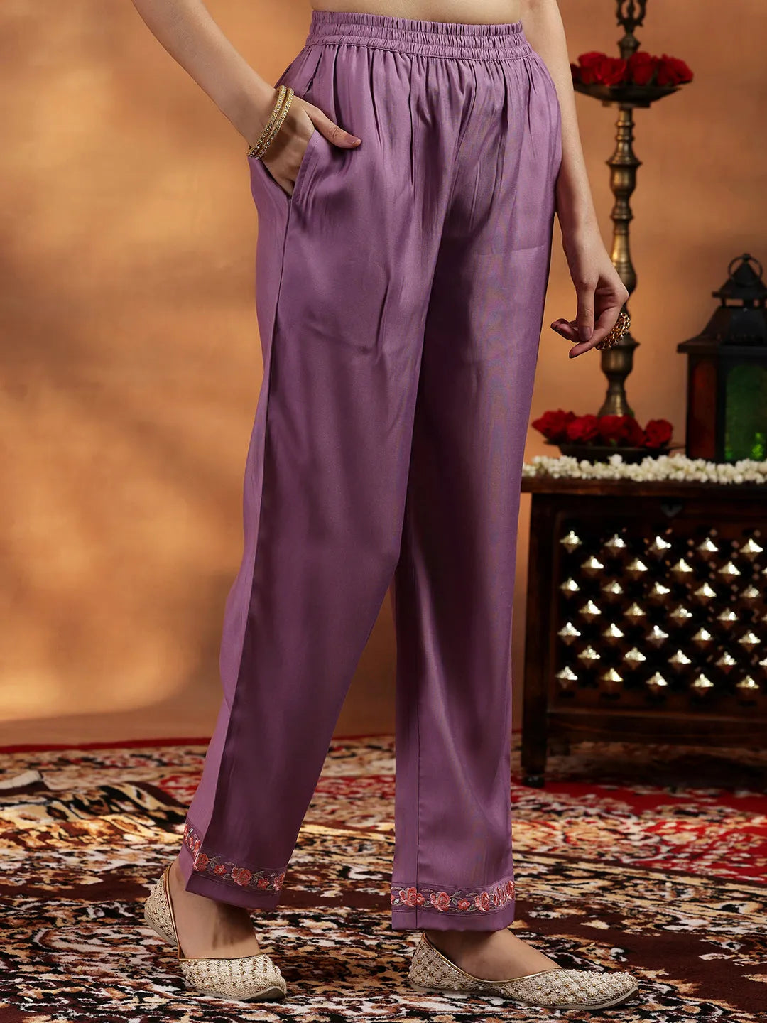  Lavender Yoke Design Silk Blend Straight Suit With Dupatta 