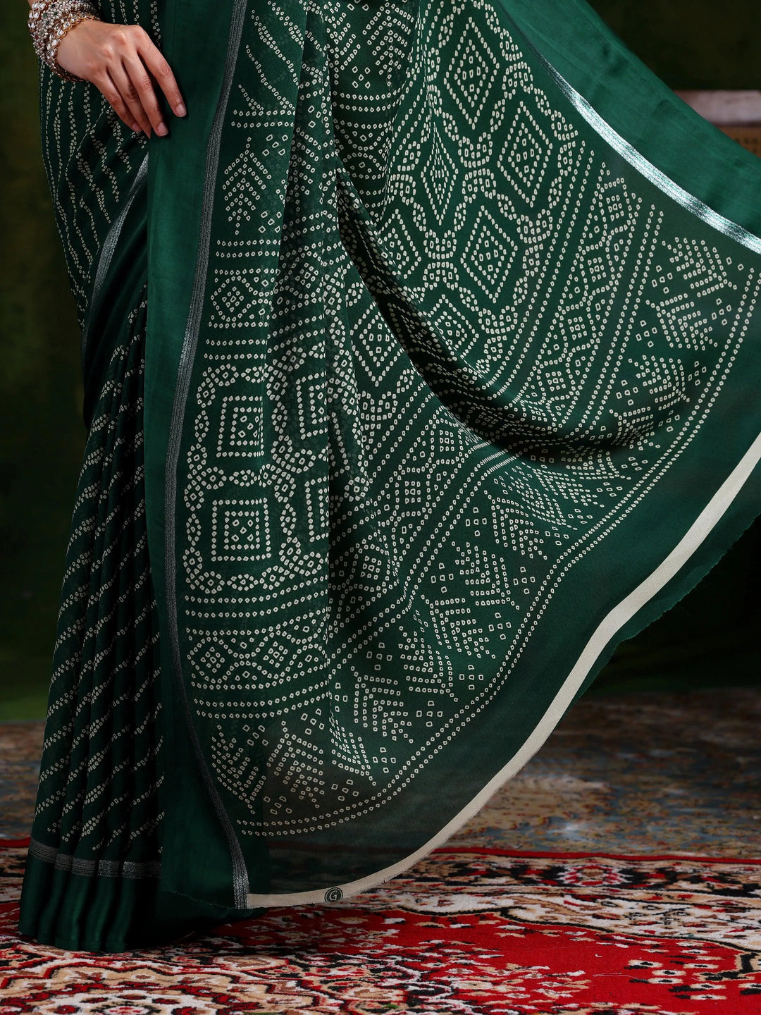 Green Printed Satin Saree With Unstitched Blouse Piece - Libas 