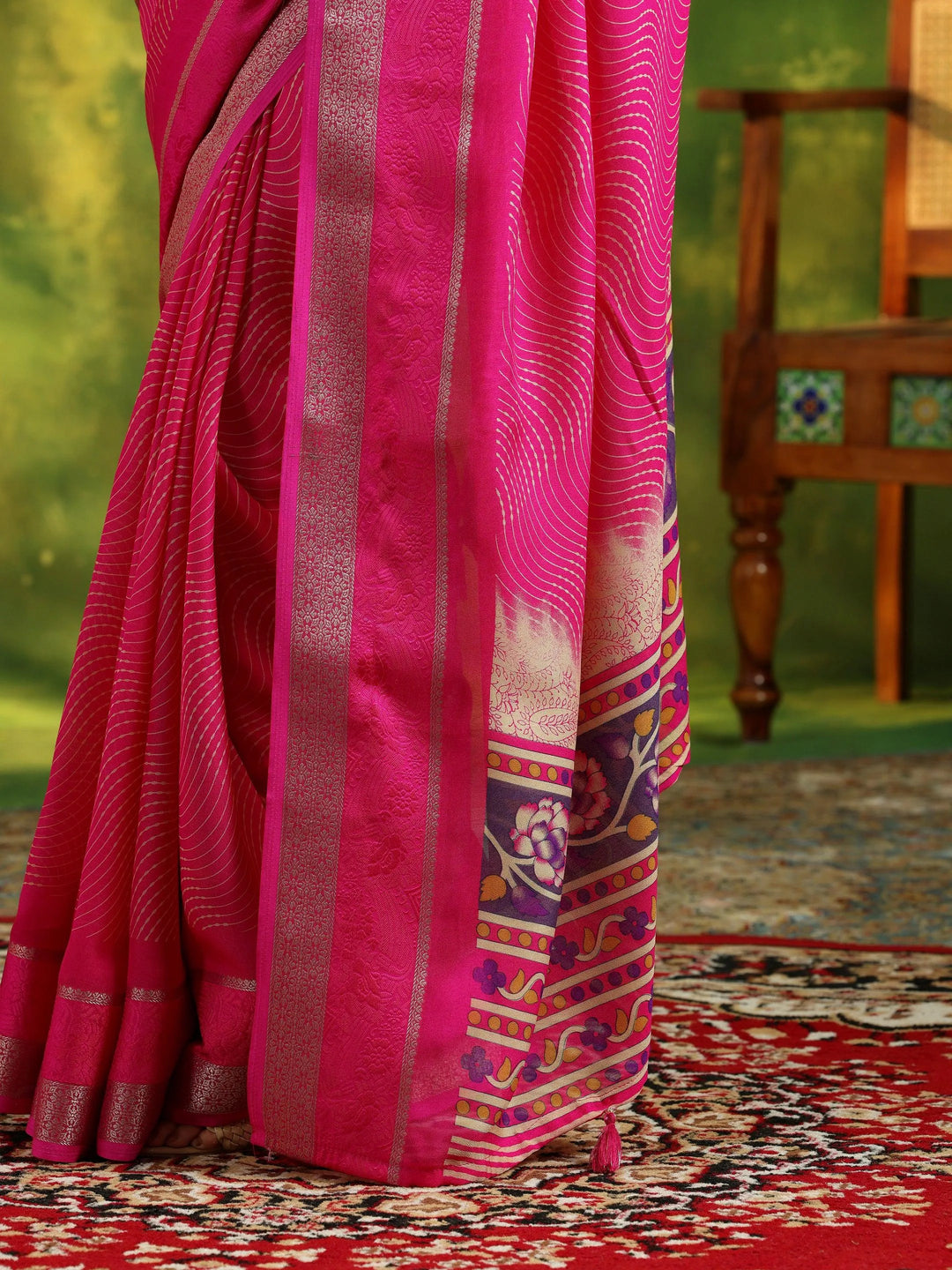 Pink Printed Silk Blend Saree With Unstitched Blouse Piece - Libas 