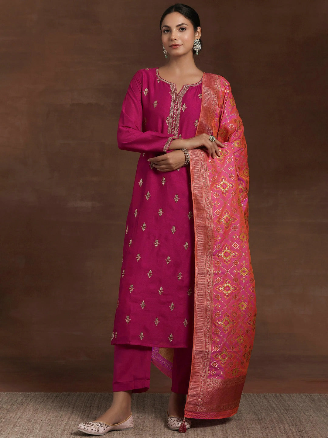 Pink Embroidered Silk Blend Straight Suit With Dupatta - Libas 