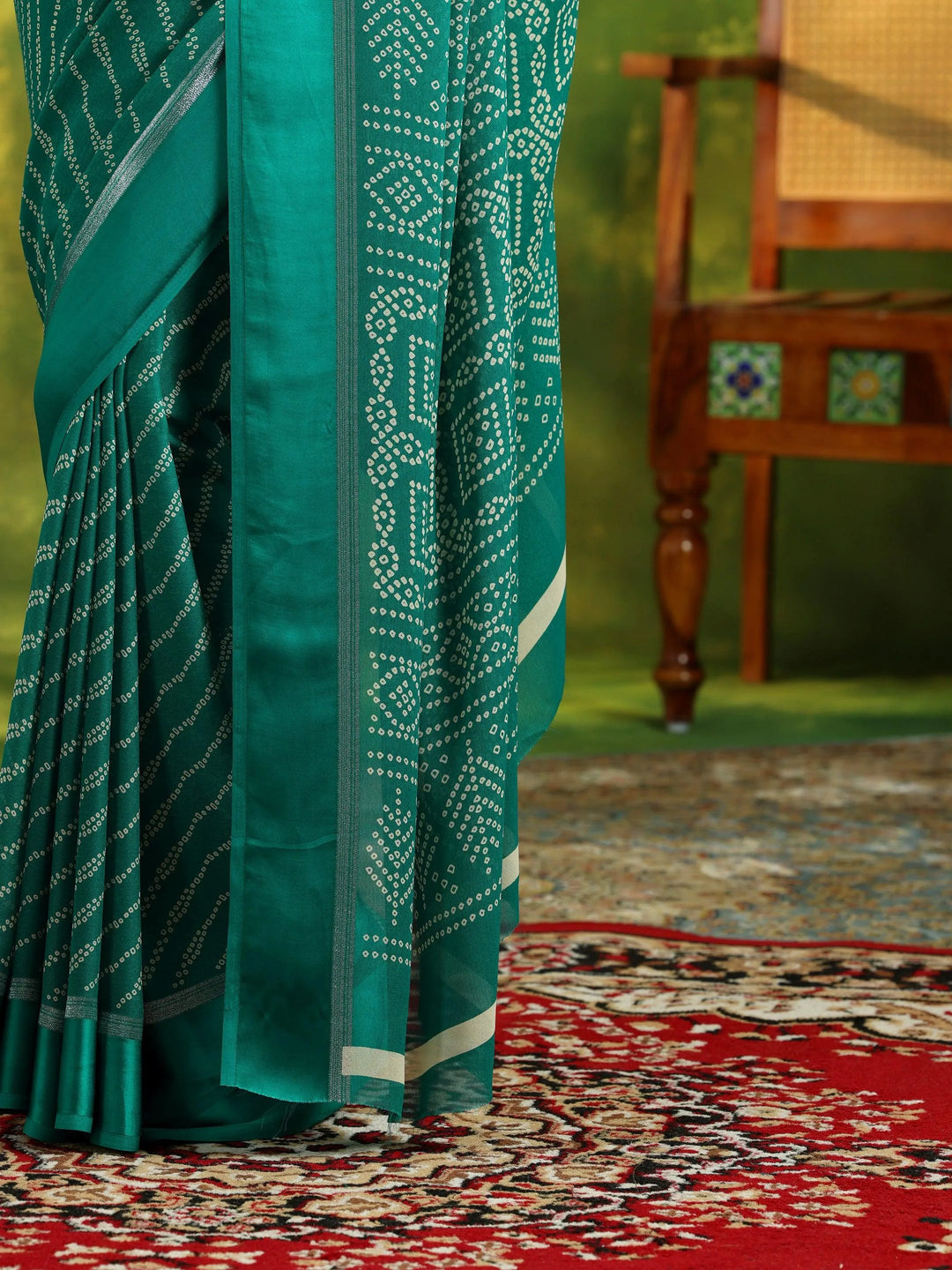Green Printed Satin Saree With Unstitched Blouse Piece - Libas 