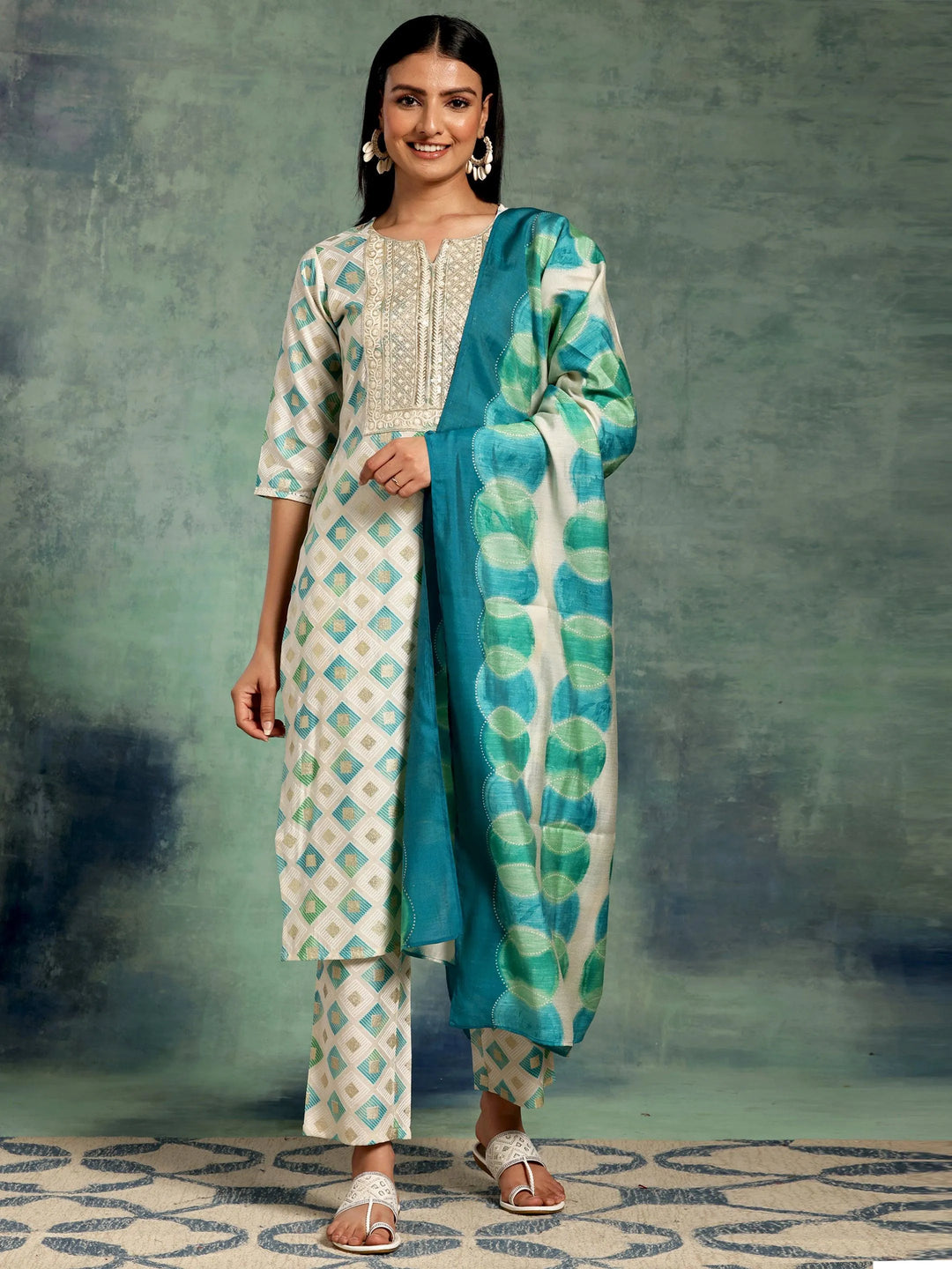 Off White Printed Silk Blend Straight Suit With Dupatta - Libas 